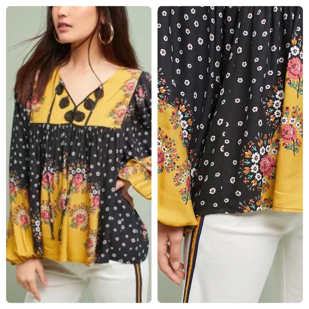 FARM Rio Black and Mustard Floral Peasant Blouse